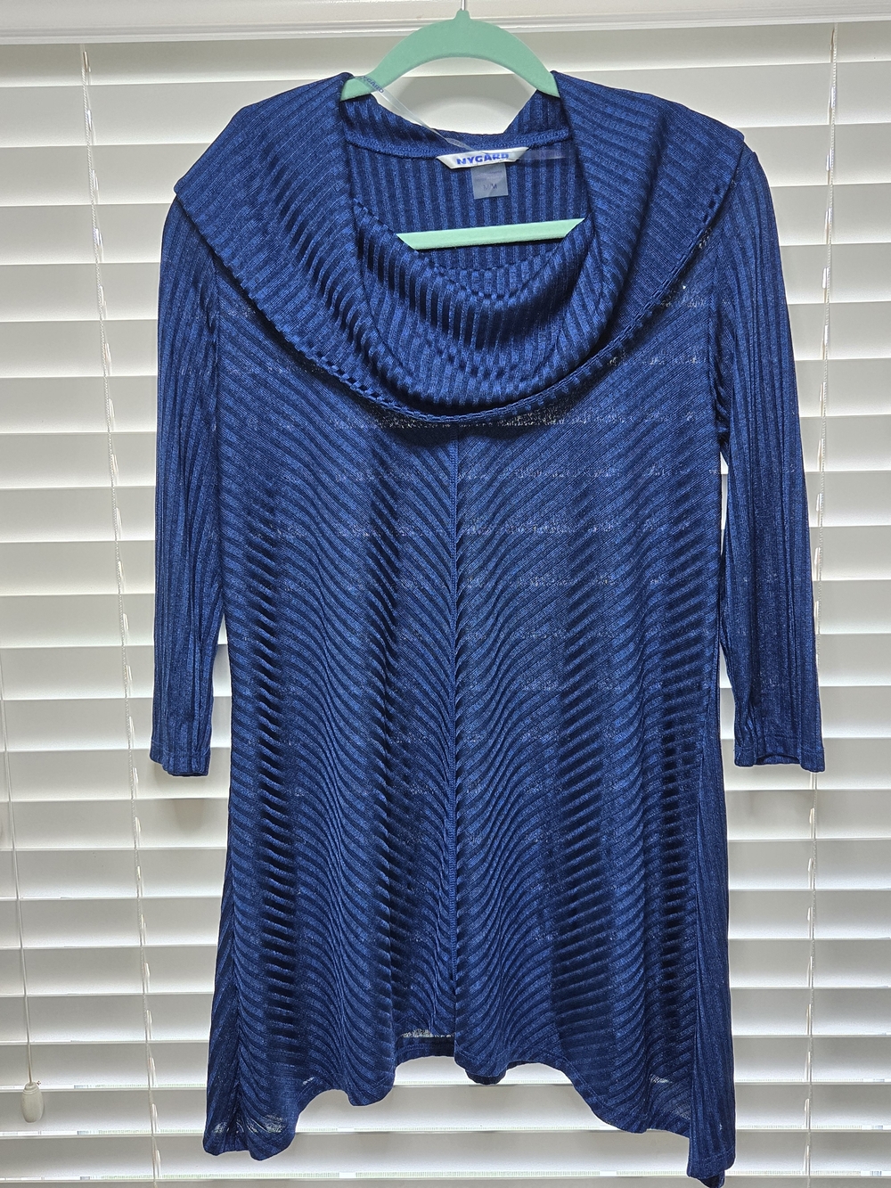 NYGARD Sheer Navy Blue Cowl Neck Tunic with Subtle Rib Texture Sz M